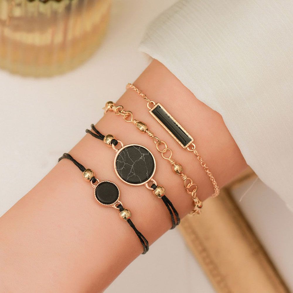 Needway  Geometric Jewelry Elegant Fashion Accessories Bracelet 4Pcs/Set Black Square Stone Handmade Simple Chain/Multicolor