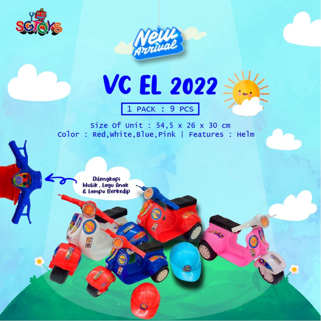 Mainan Motor Anak Dorong Ride On Vespa Mini VC EL 2022 Fitur Lampu Suara Plus Helm