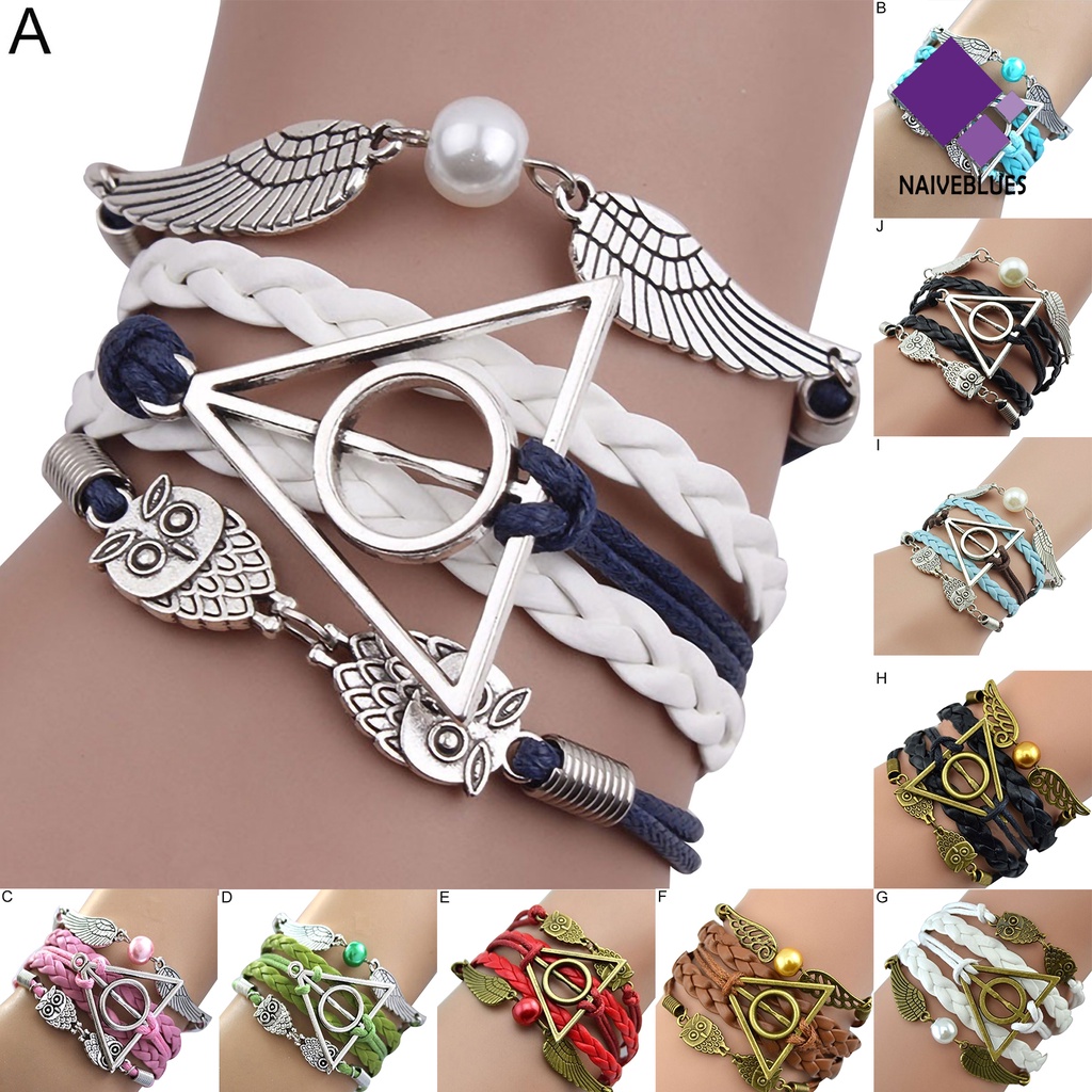 Naiveblue Gelang Tangan Kulit Tumpuk Kepang Ornamen Harry P-otter Deathly Hallows Untuk Wanita