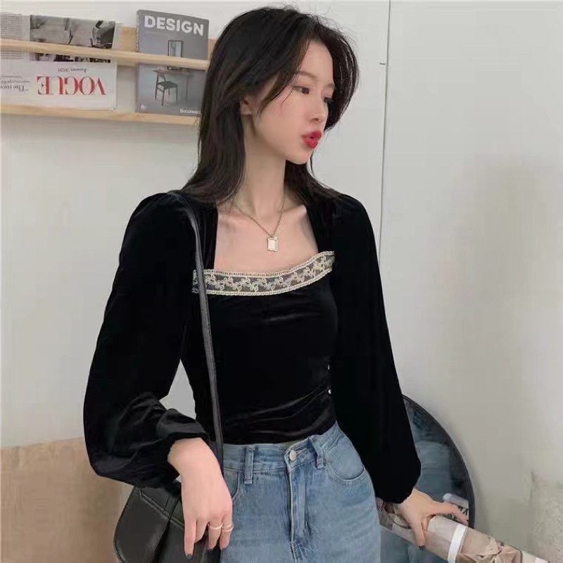 H7 B1378 Korean velvet top variasi brukat leher kotak / Atasan lengan panjang