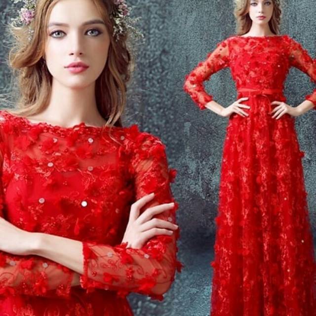 Gaun Pengantin Dress Lace Mewah Motif Bordir Warna Merah