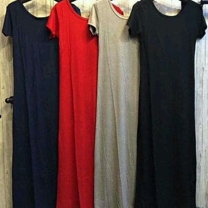 Hits Plain Maxi Dress Wanita / Baju Terusan Polos Panjang Spandek - Hitam