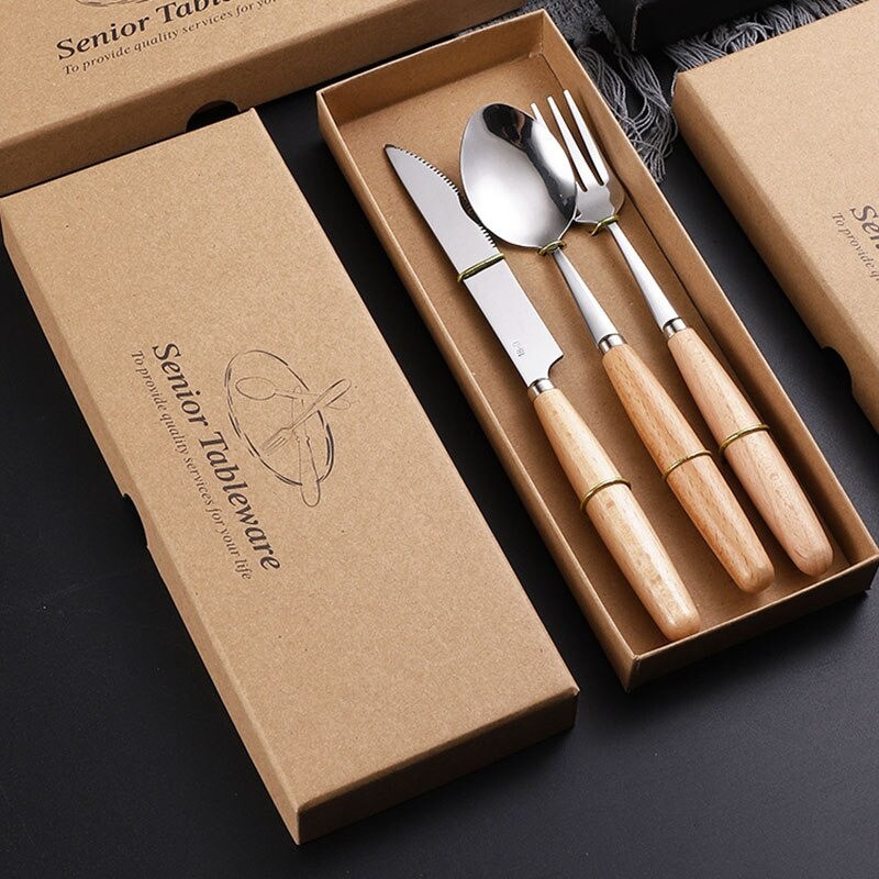 Set Perlengkapan Makan Sendok Garpu Pisau Wooden Handle - KA2020 - Silver/Brown