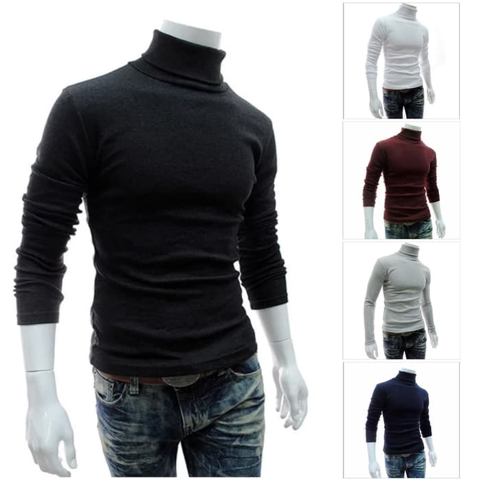 Kaos polos leher turtleneck kaos pria korea kaos panjang leher tinggi - Hitam, XL