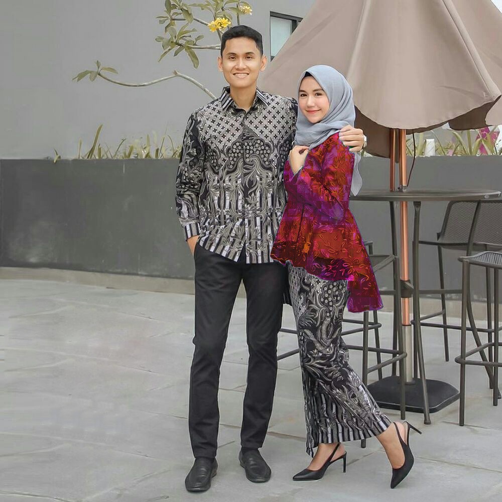 (TERMURAH - ORI & REAL PIC!  WARNA) Batik Couple Andhini Kebaya Couple Brukat Anabel - BS073-MAROON