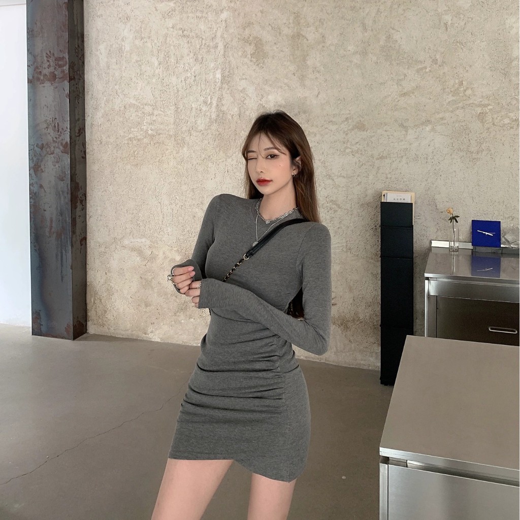 Long Sleeve Mini Dress Bodycon Dress Wanita Lengan Panjang 1130 (S-XL)