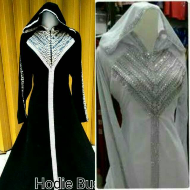 Gamis abaya hoodie syahrini hitam dan putih