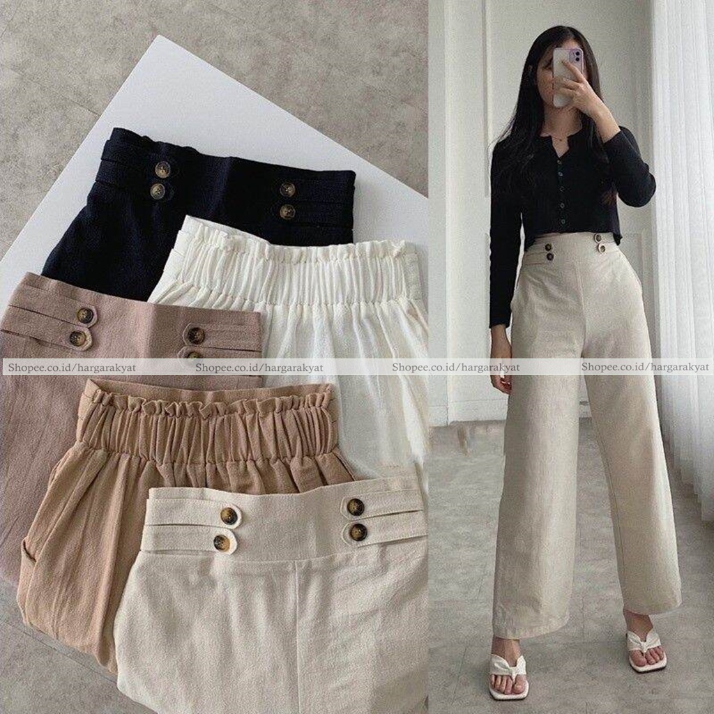 Celana Linen Highwaist Haruka 2238 | Linen Cullote Double Button | Kulot Linen Hawe K4