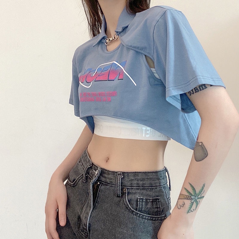 Kaos huruf retro biru seri gadis manis dan pedas StyleC dengan atasan dua potong tube top ramping pe