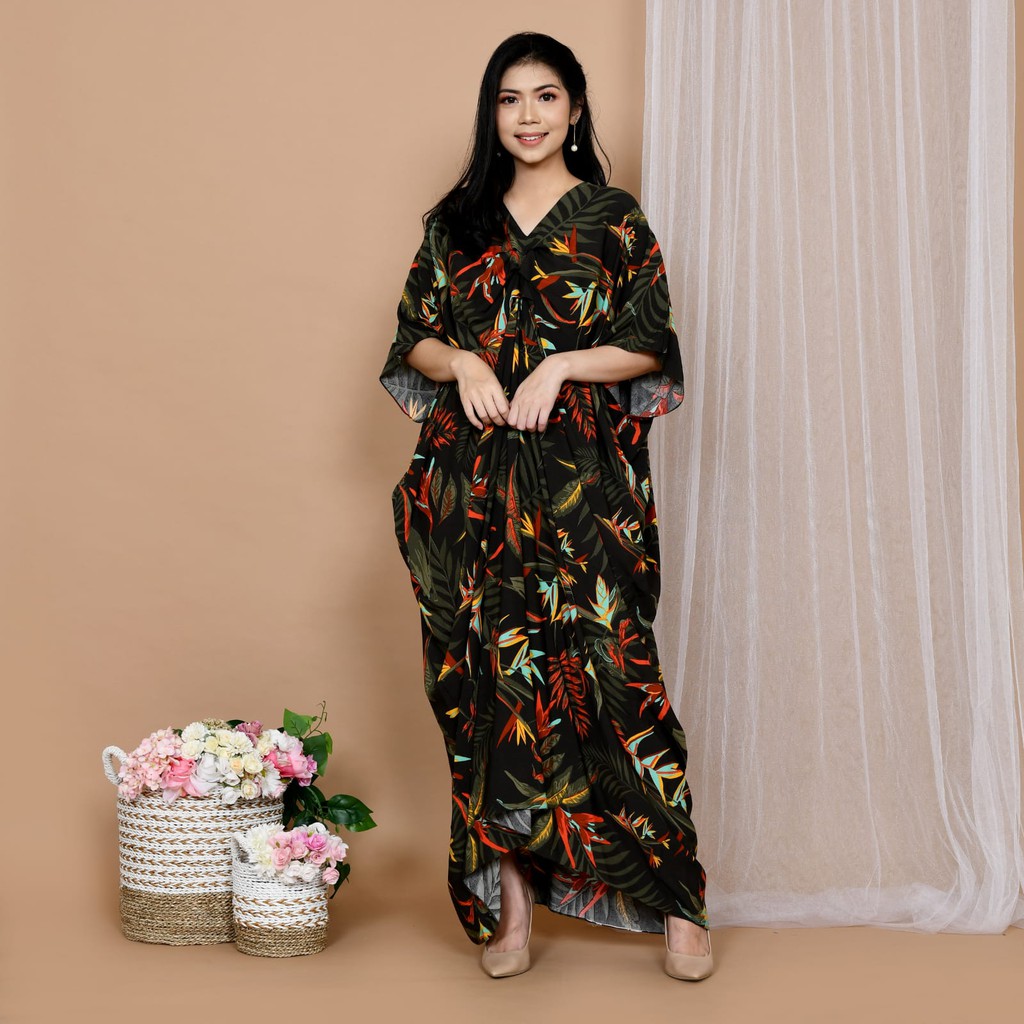 BAJU KAFTAN MOTIF KEMBANG DAUN BAHAN RAYON PREMIUM LEMBUT ukuran ALL SIZE VACATION STAYCATION DRESS