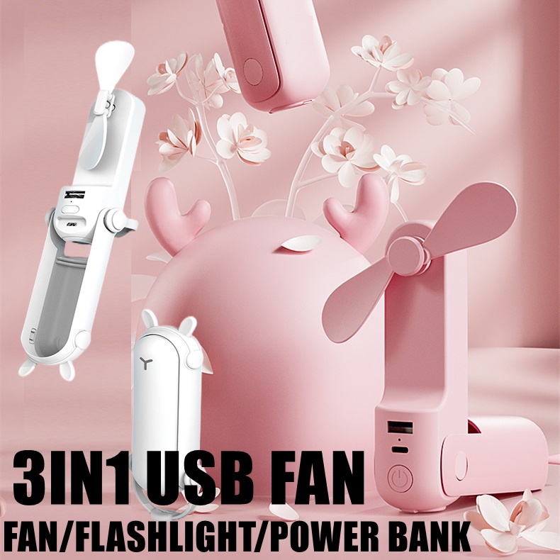 USB Kipas angin mini isi ulang 2IN1 Power Bank+ Fan/ 3IN1 Fan+Power Bank+Flashlight/Neck Fan