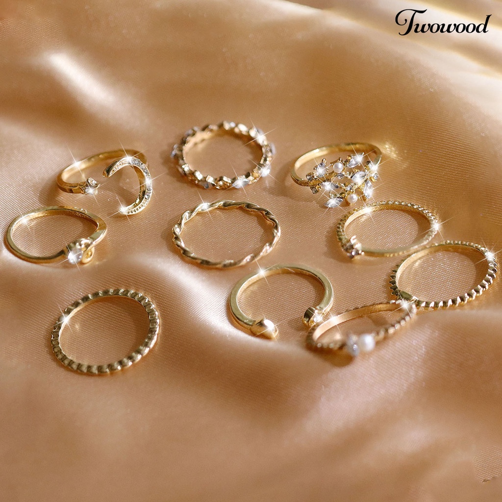 Twowood 10Pcs Metal Ring Irregular Exquisite Alloy Cubic Zirconia Jewelry Ring for Daily Wear