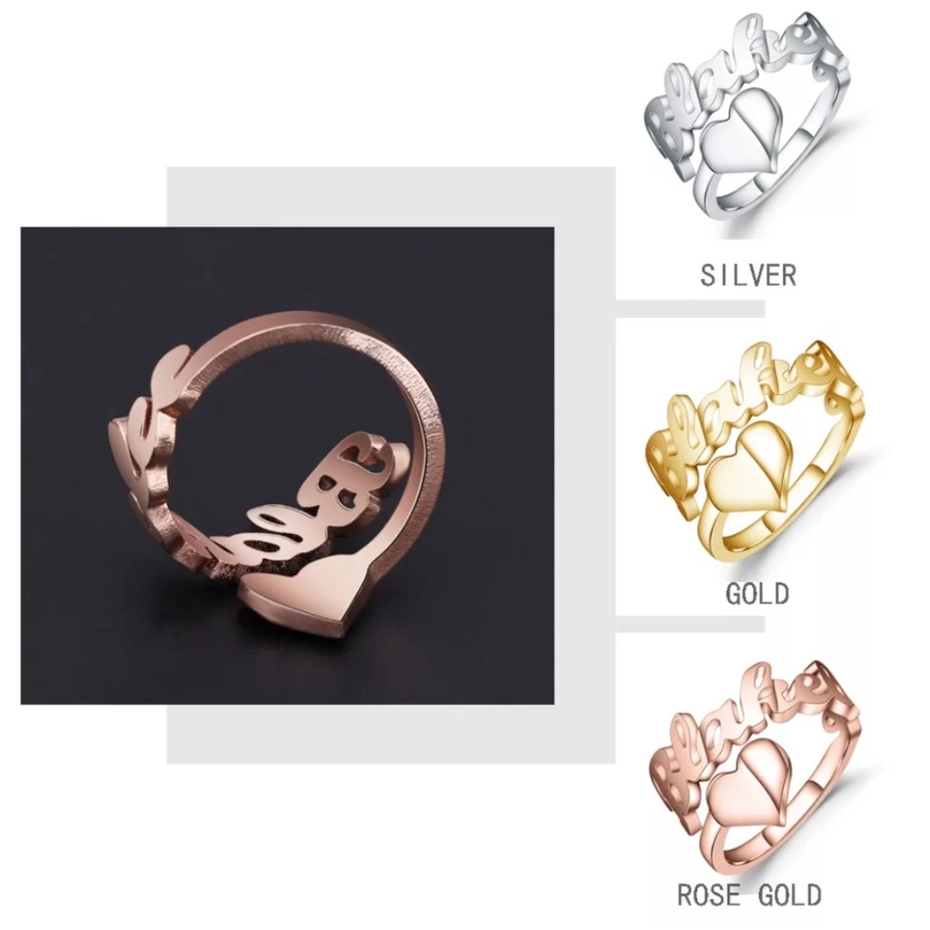 Cincin nama titanium anti karat custom lapis emas aksesoris fashion wanita korea rosegold