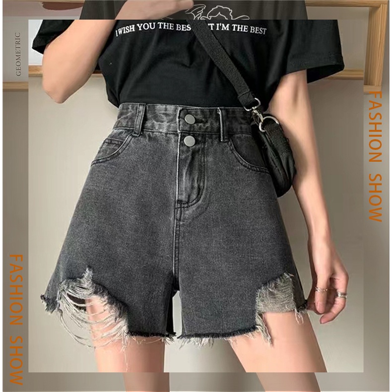 CEWEK_ID Celana hotpants jeans Pendek Denim Wanita Korean style ripped sobek Robek Pinggang Tinggi Fashion Hot Pants Abu-abu xl 2XL jens jins short