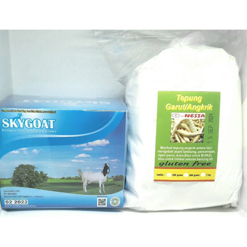 PAKET TEPUNG GARUT PLUS SUSU KAMBING-TEPUNG GARUT 500 GR SUSU SKYGOAT 10 SACHET