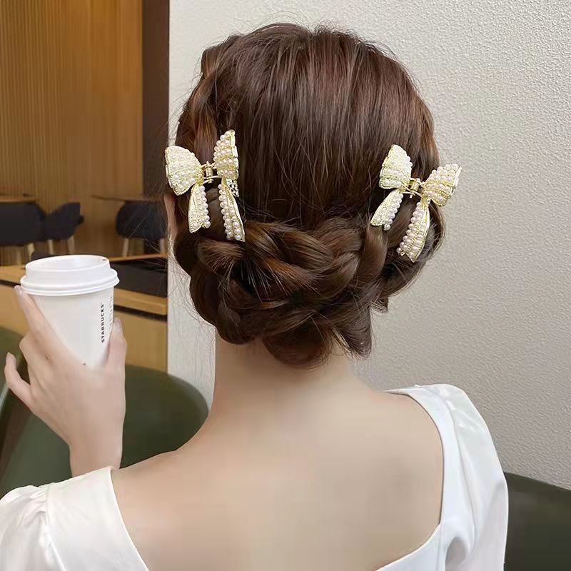 COD❤️Jepit Rambut Bentuk Pita Bahan Alloy Aksen Mutiara Dan Berlian Imitasi Untuk Wanita Kupu-kupu hairclip Pearl Butterfly Fashion Korea