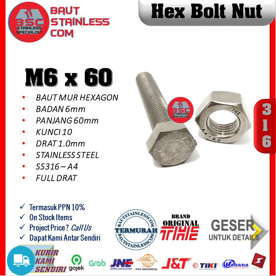 HEX BOLT NUT STAINLESS SS316 - A4 BAUT DAN MUR M6X60 KUNCI 10