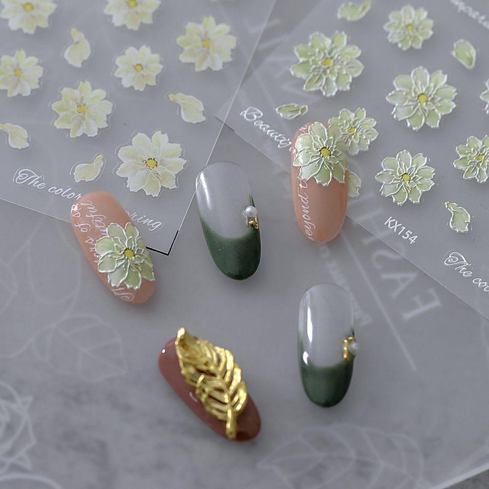 MXBEAUTY Bunga Stiker Kuku Gadis Hijau 5D Ukir Daun Alfabet Inggris Self Adhesive Nail Art Dekorasi