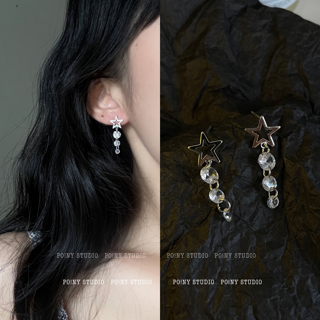 Rhinestone panjang anting-anting untuk Wanita bintang telinga kancing all-match elegan sederhana cah