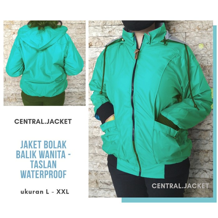 Jaket Wanita Jaket BB Parasut Wanita - Jaket Bolak Balik Cewek 2in1 High Quality - Hijau Tosca, L(I0