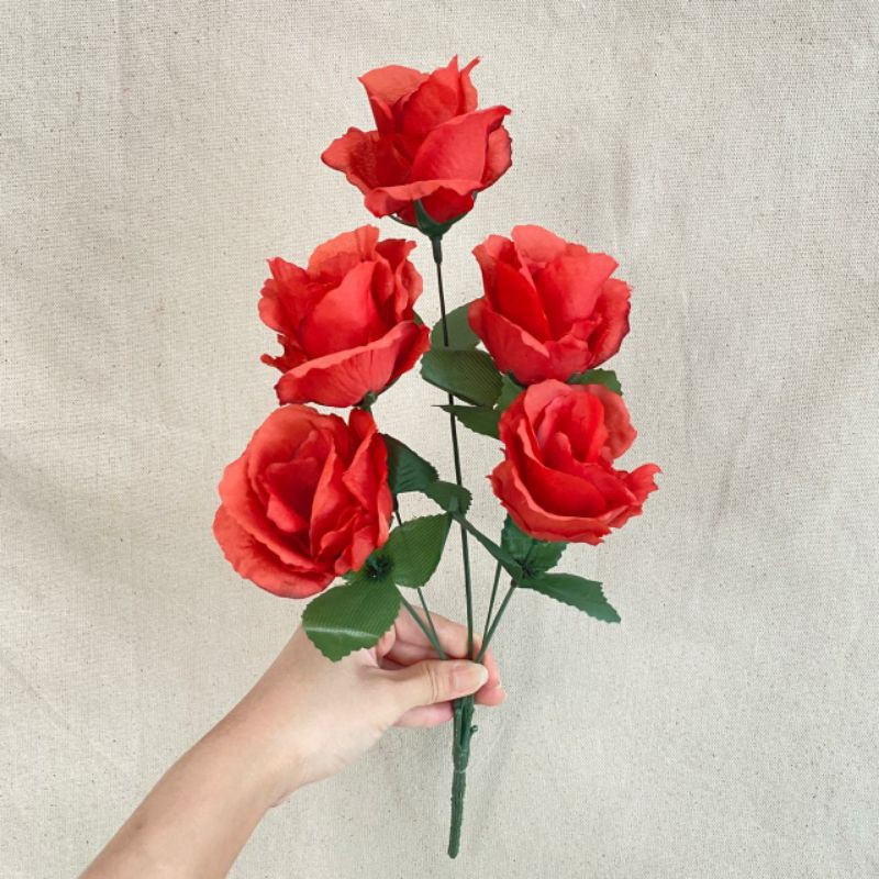 Bunga Mawar hias Rose Impor  FL X5 P:40cm (satuan) Bunga Artificial / Bunga Plastik / Bunga Dekorasi-Merah Darah