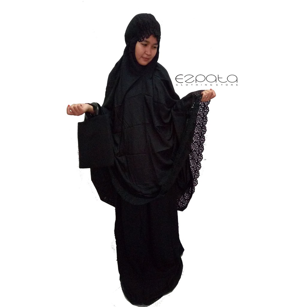 Mukena Hitam Bahan Katun Linen Mahal dan Renda Premium