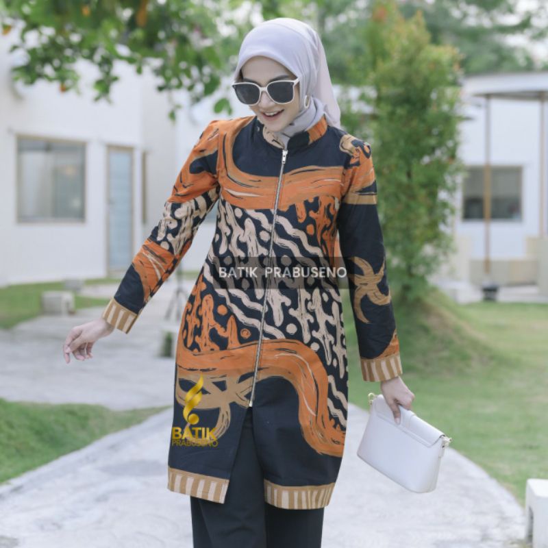 Tunik wanita zipper depan motif Nesa Hitam