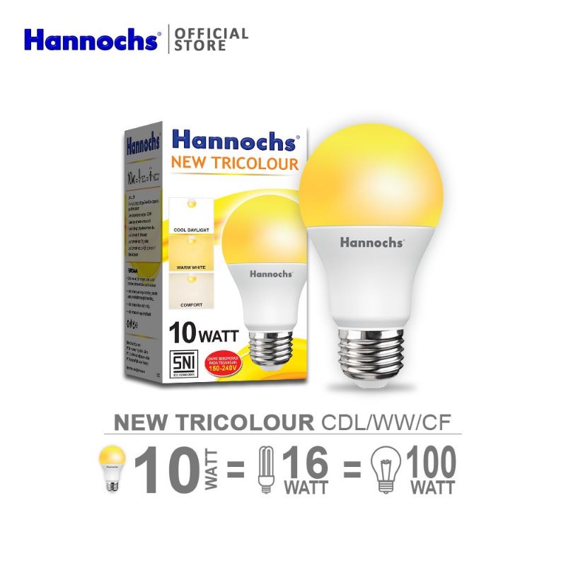 Lampu Led Hannochs New Tricolour 10 Watt / Lampu 3 warna Putih Kuning Comfort