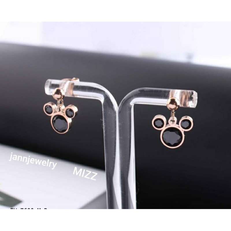 Anting Titanium Asli Mickey Permata Lucu Fashion Korea Remaja Anti Karat &amp; Alergi