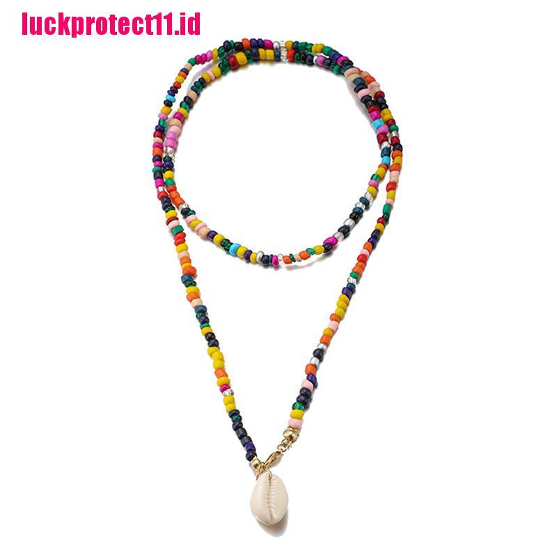 【LUCK】Women Boho Multicolor Beads Shell Necklace Doublelayer Clavicle Choker Jewelry