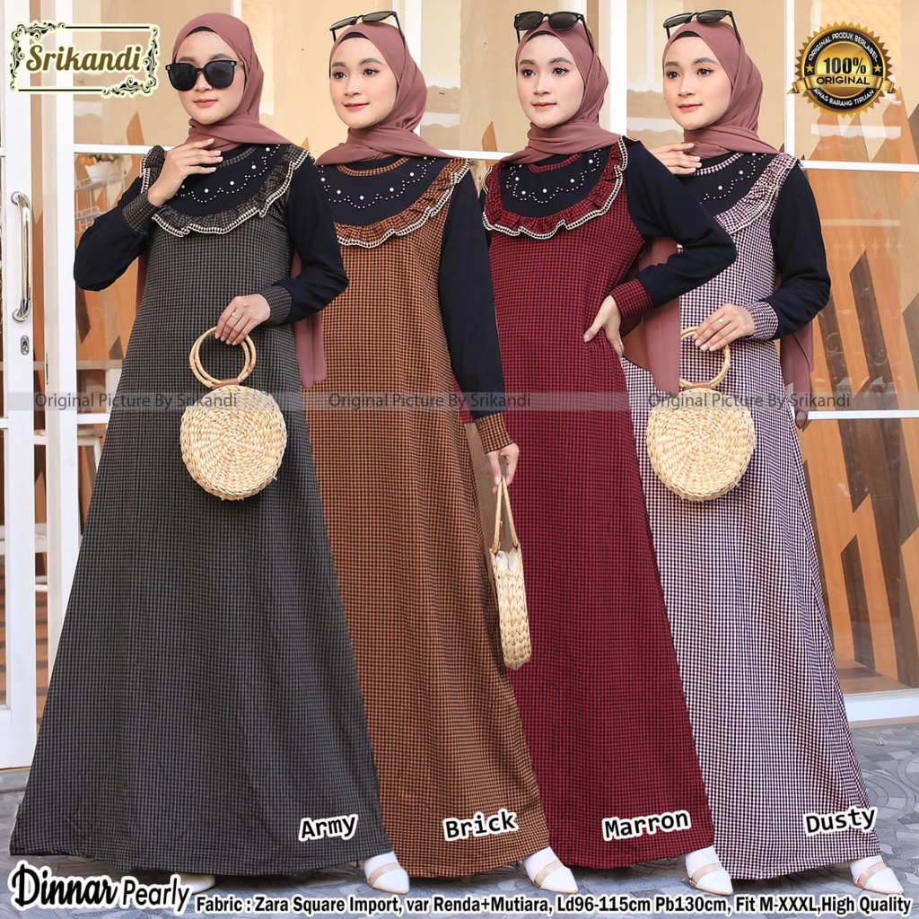 DINNAR PEARLY SETELAN TERUSAN DRESS MAXI GAMIS ABAYA WANITA CASUAL BAHAN ZARA SQUARE IMPORT LD 115CM