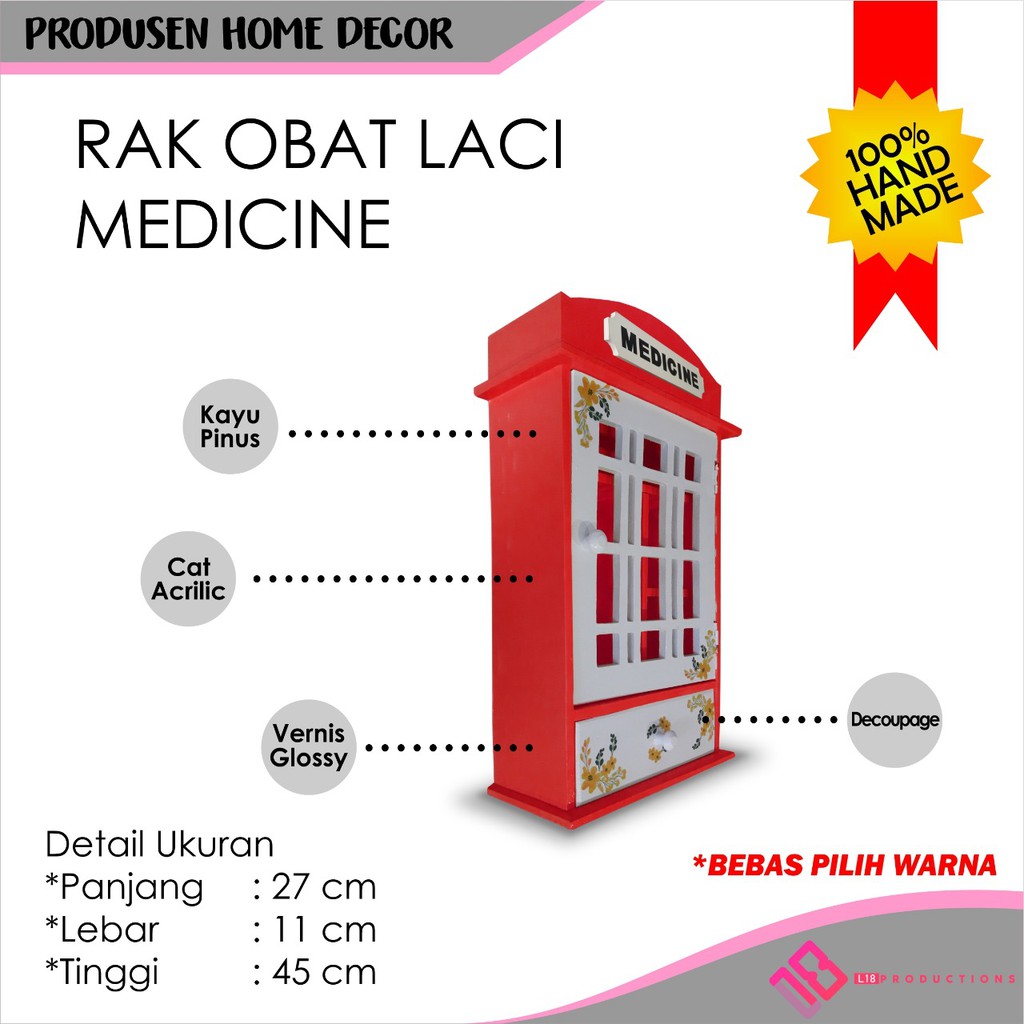 Dine Wood Rak Kotak Obat P3k Tempat Penyimpanan Gantung Dinding Kayu Laci Merah Hiasan Dekorasi