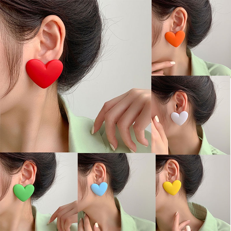 Anting Stud Bentuk Hati Warna Hitam Putih Pink Kuning Gaya Korea Untuk Wanita