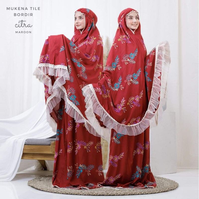 Nanoystore - Mukena Dewasa Katun Rayon Premium Motif Tile Bordir Citra Warna Maroon List Renda