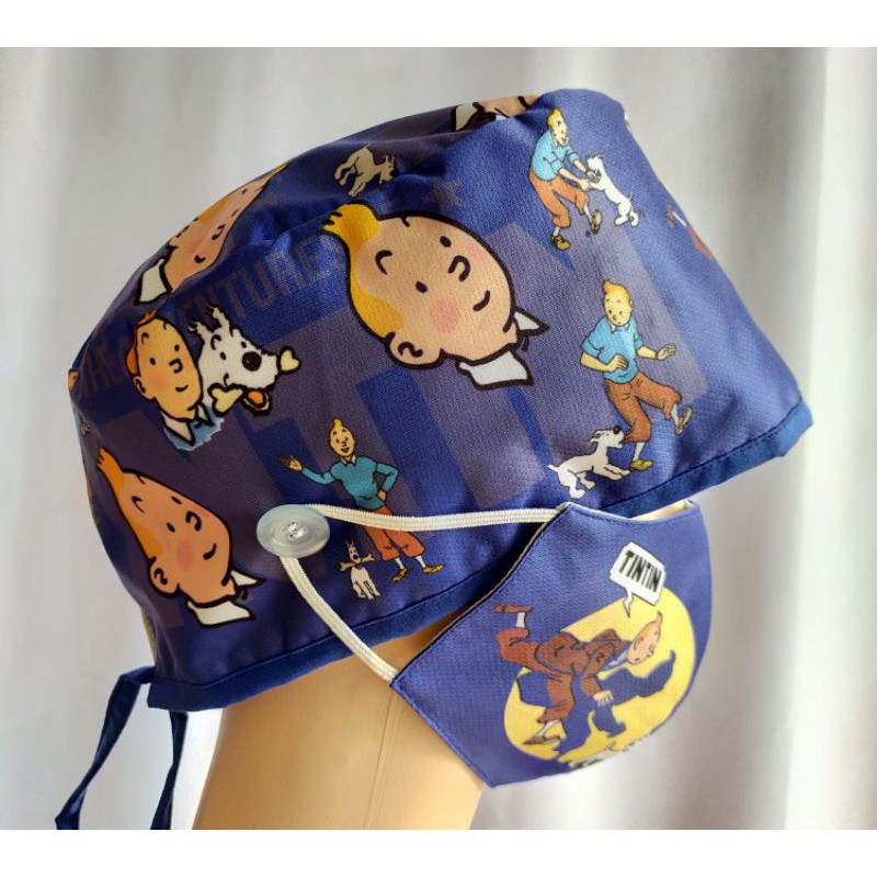 Topi Medis / Scrub Hat / Surgical Cap Printing Motif Bisa Custom Tintin Biru