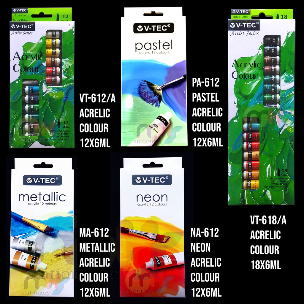 

Cat Lukis Acrylic Color Cat Akrilik V-TEC 6 ML 12 18 Warna Set Paint Pastel Neon Metallic