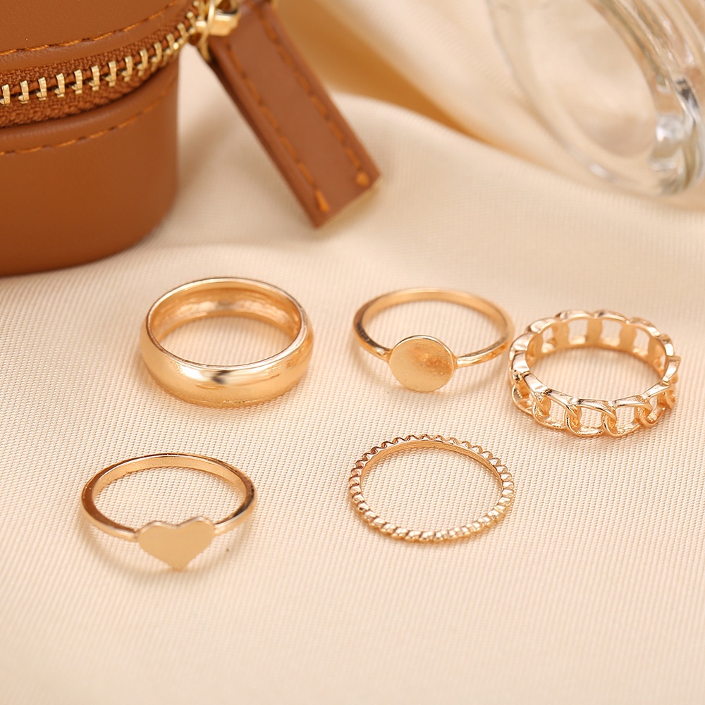 [ACKER] 5Pcs Set Cincin Bentuk Hati Emas Gaya Sederhana Aksesoris Fashion Perhiasan Wanita