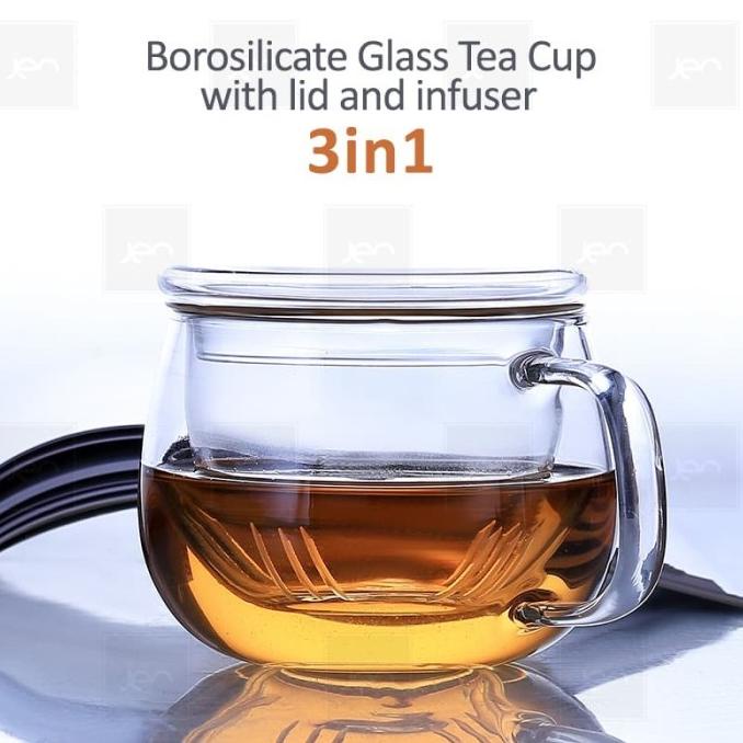 Glass Tea Cup with Infuser and lid Gelas teh dengan tutup dan infuser