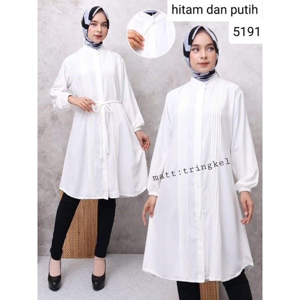 Long Tunik Putih Crinkle Airflow Kemeja Tunik Putih Wanita Polos Lengan Panjang