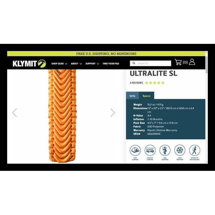 KLYMIT Static V Insulated Ultralite SL Inflatable Sleeping Pad Kode 601