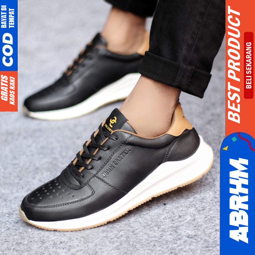 Sepatu Casual Pria Sneakers Hitam Kasual Kulit Pu Kekinian Kerja Kuliah Kantor Fashion Shoes Terbaru ABRHM SPARTA