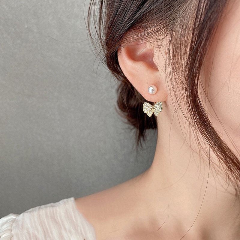 Korean Girly Style Bowknot Imitation Pearl Simple Sweet Women Earrings for Girlfriend Gift