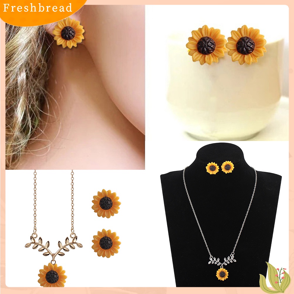 【Fresh】❀Cute Sunflower Leaves Pendant Ear Studs Earrings Necklace Women Jewelry Set Gift