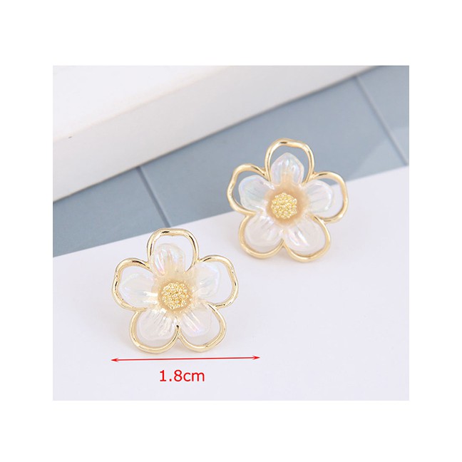 LRC Anting Tusuk Fashion Golden Pearl Flower Alloy Hollow Earrings A61815