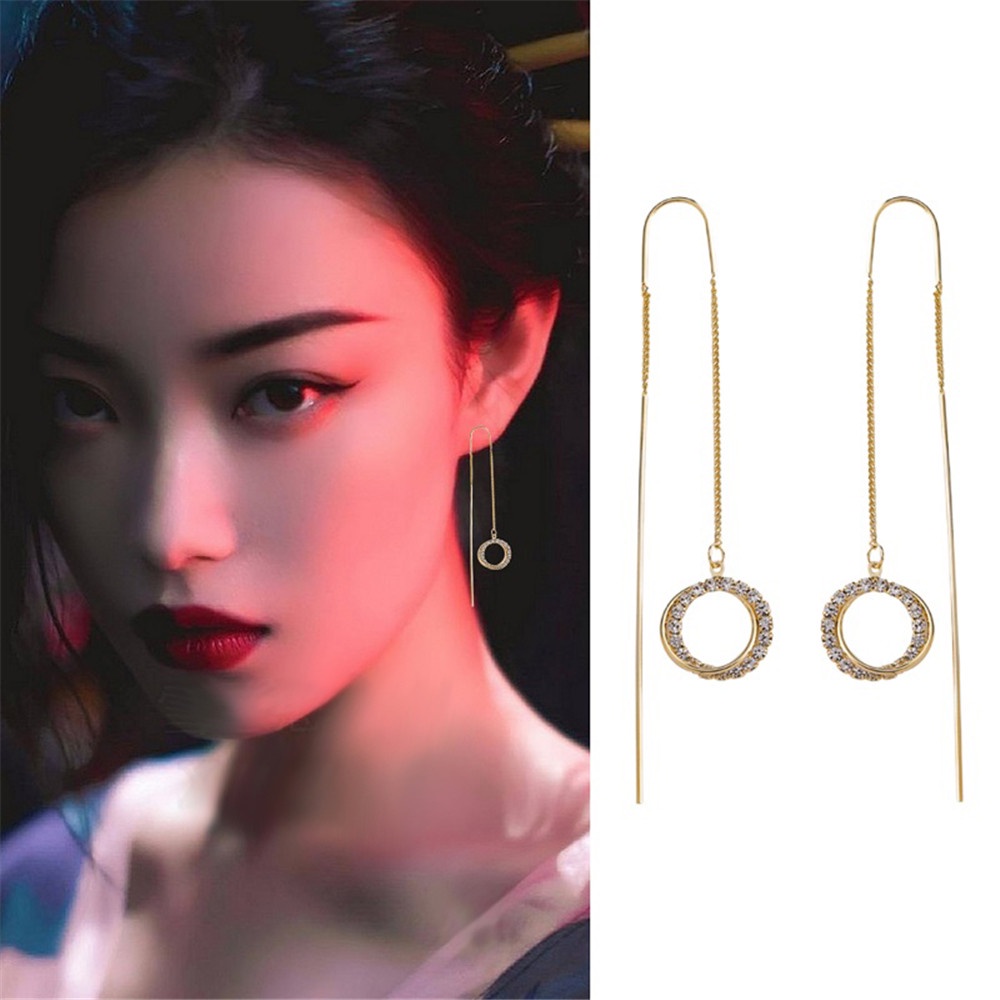 【COD Tangding】Elegant Golden Round Zircon Long Tassel Pendant Earrings Women Fashion Jewelry Accessories