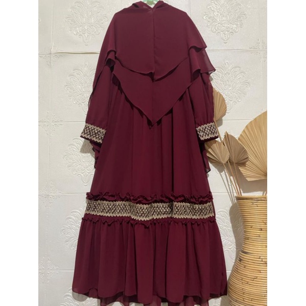 Gamis Syari Ceruty Mix Renda Depan dan Tangan | Gamis Syari Busui | Gamis Set Khimar Terbaru-Marun