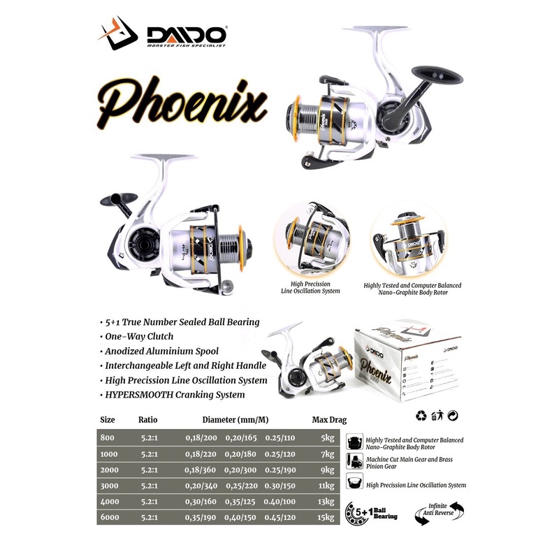 Reel Pancing Daido Phoenix 1000 - 6000 (5+1 Seal Bearing) One Way Murah Berkualitas - Engkus Fishing
