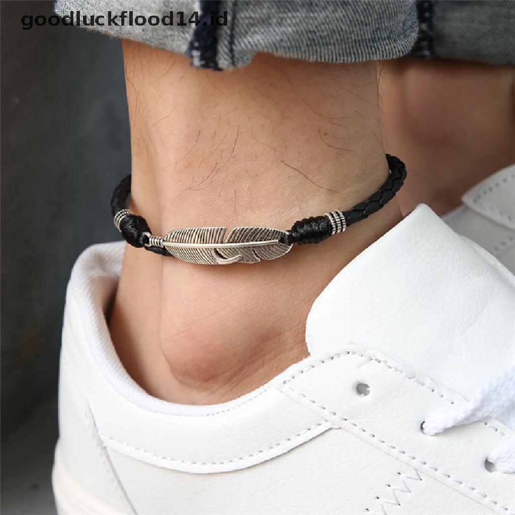 [OOID] Boho Handmade Man Feather Leather Rope Anklets Barefoot Sandal Beach Jewelry ID