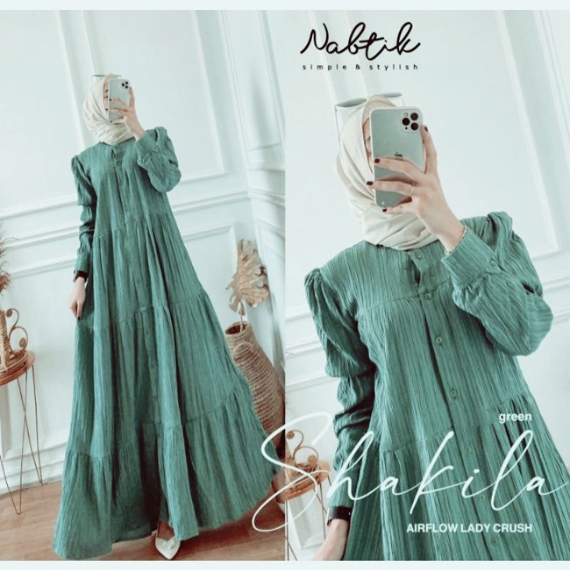 Shakila Maxy Dress Gamis Crinkle Airflow Lady Crush Premium Full Kancing-Shakila green