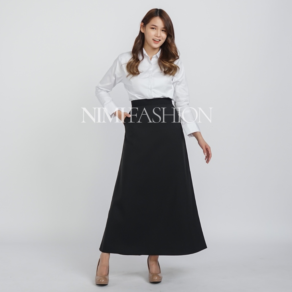 Rok Kerja Wanita Panjang Pinggang Karet Model A-line Formal Muslimah-5